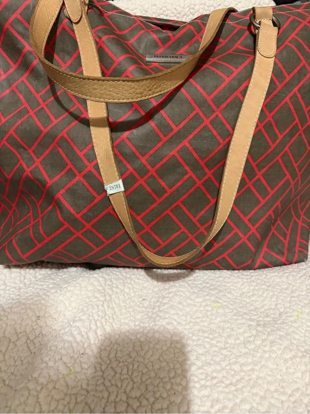 Ellen Tracy Brown Tote with Red Geometric Print and Tan Handles